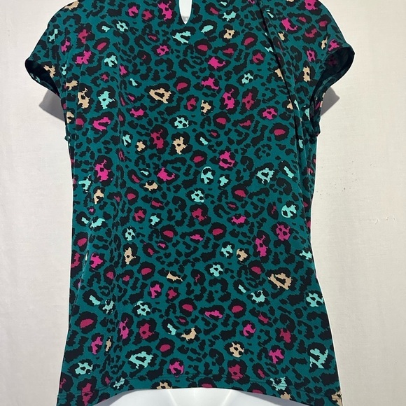Worthington Teal Leopard Print Top | Size Medium | Draped Neck Stretch Knit - Picture 3 of 4